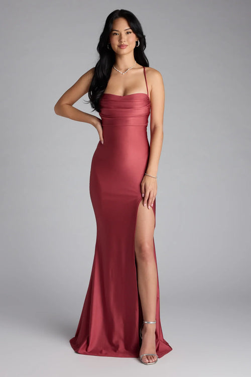 Delia Formal Cowl Neck Long Dress in Mauve