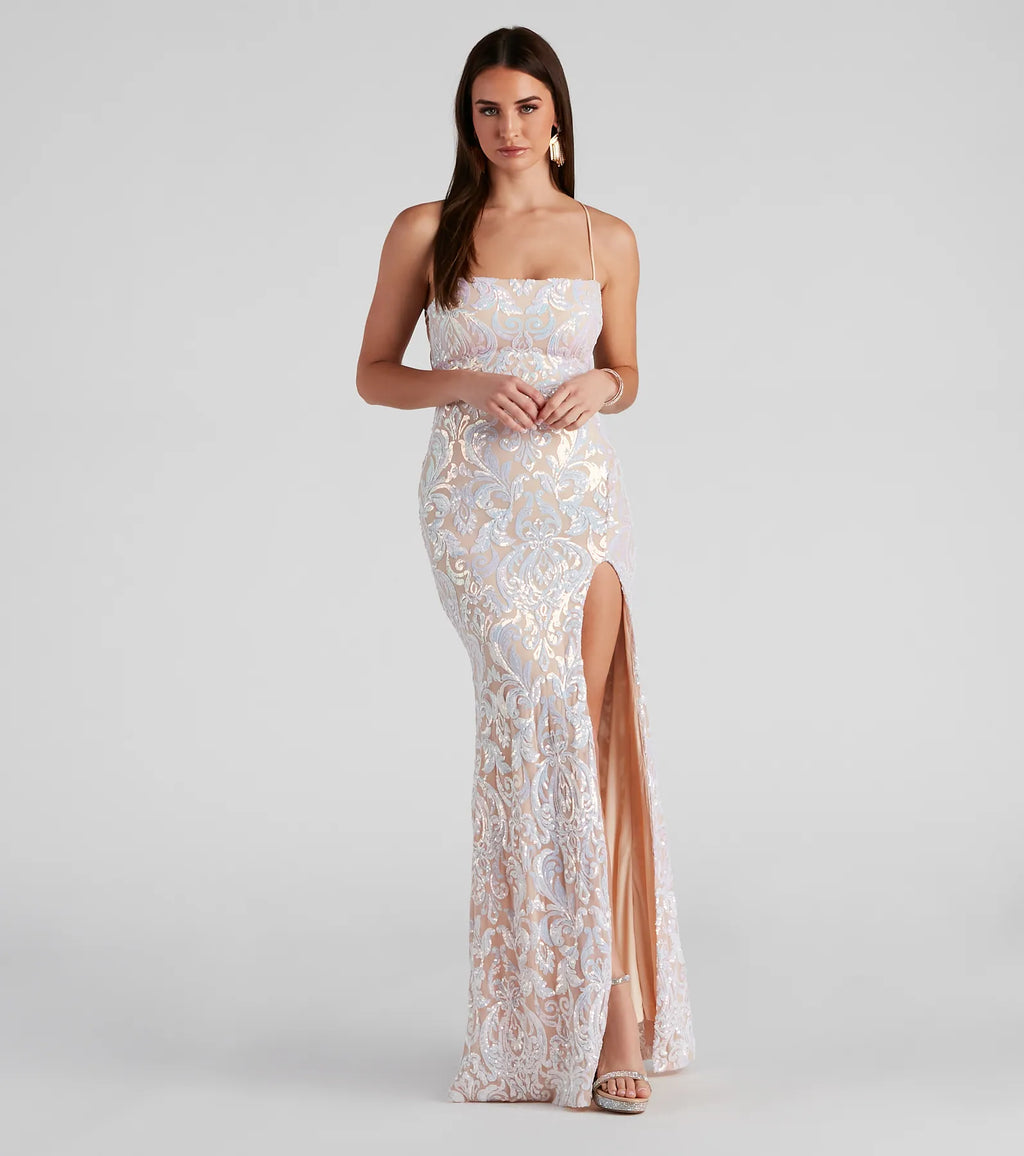 Priya Iridescent Sequin Scroll Formal Dress Light Blue-2 White Light Blue