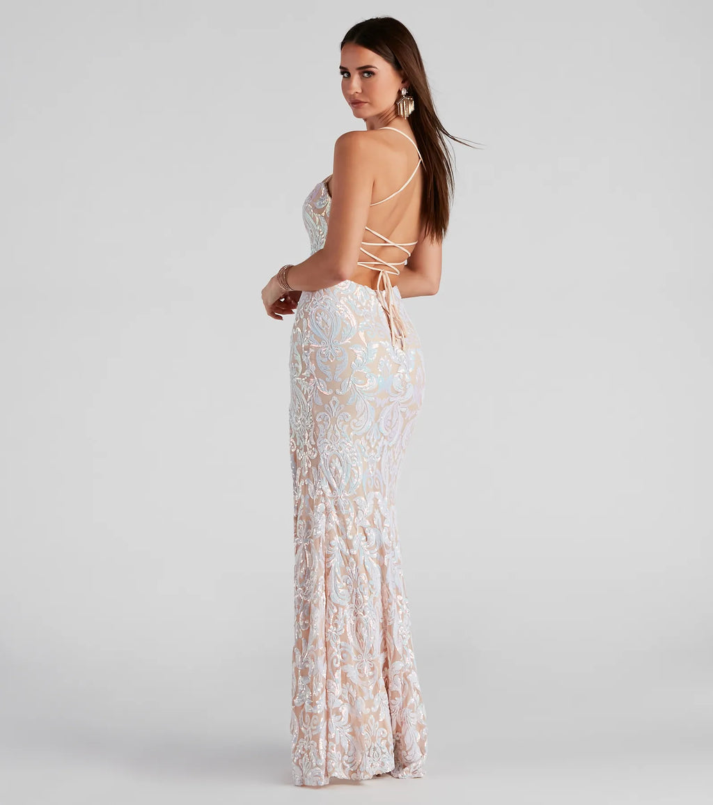 Priya Iridescent Sequin Scroll Formal Dress Light Blue-2 White Light Blue