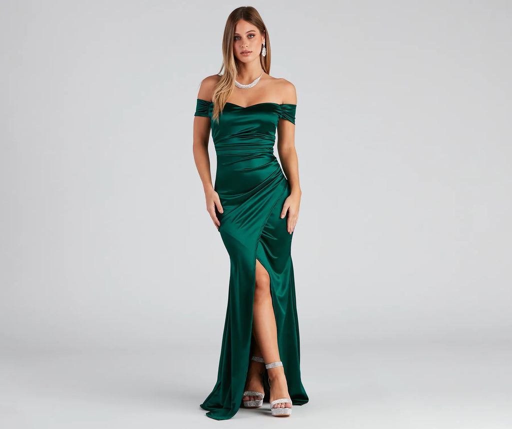 Valencia Off-The-Shoulder Formal Wrap Dress Ivory Emerald Navy Burgundy Rose