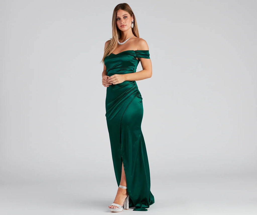 Valencia Off-The-Shoulder Formal Wrap Dress Ivory Emerald Navy Burgundy Rose