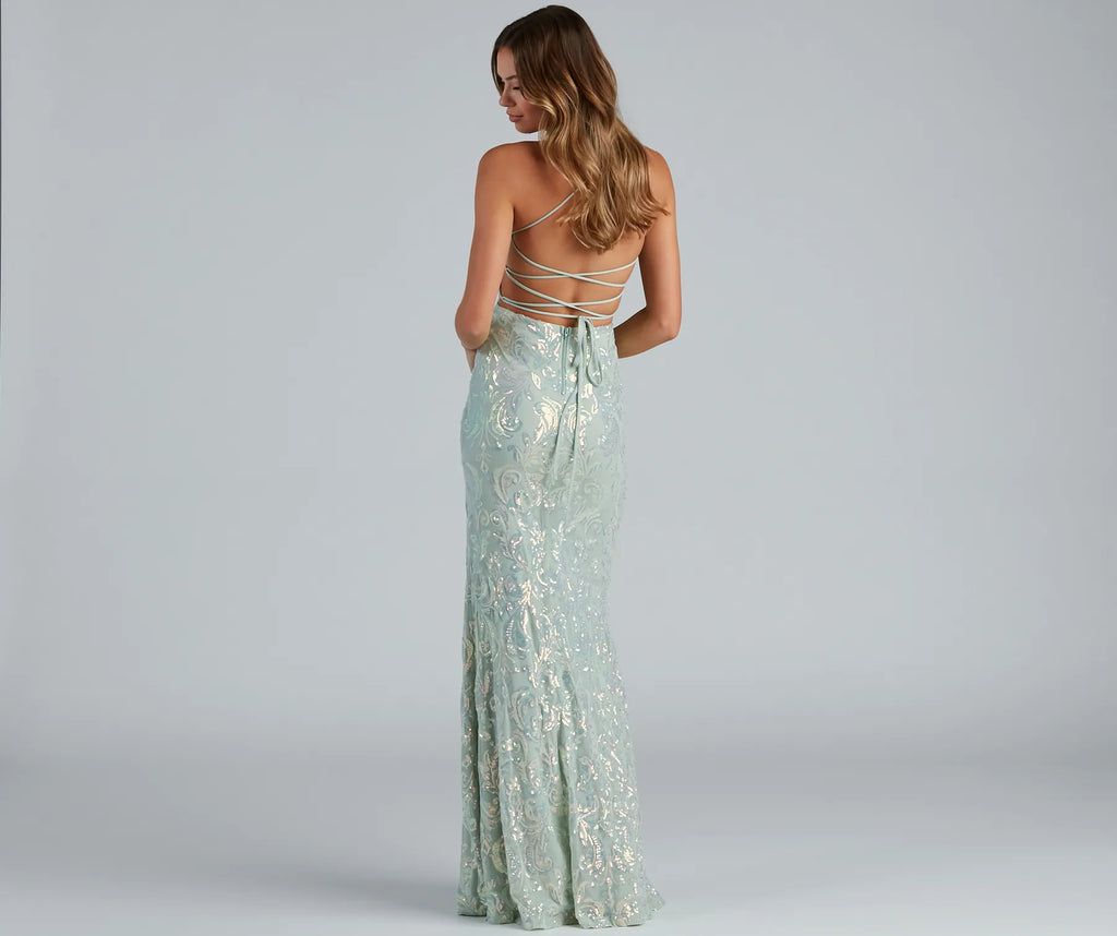 Edlyn Sequin Lace-up Mermaid Formal Dress Lavender Mint