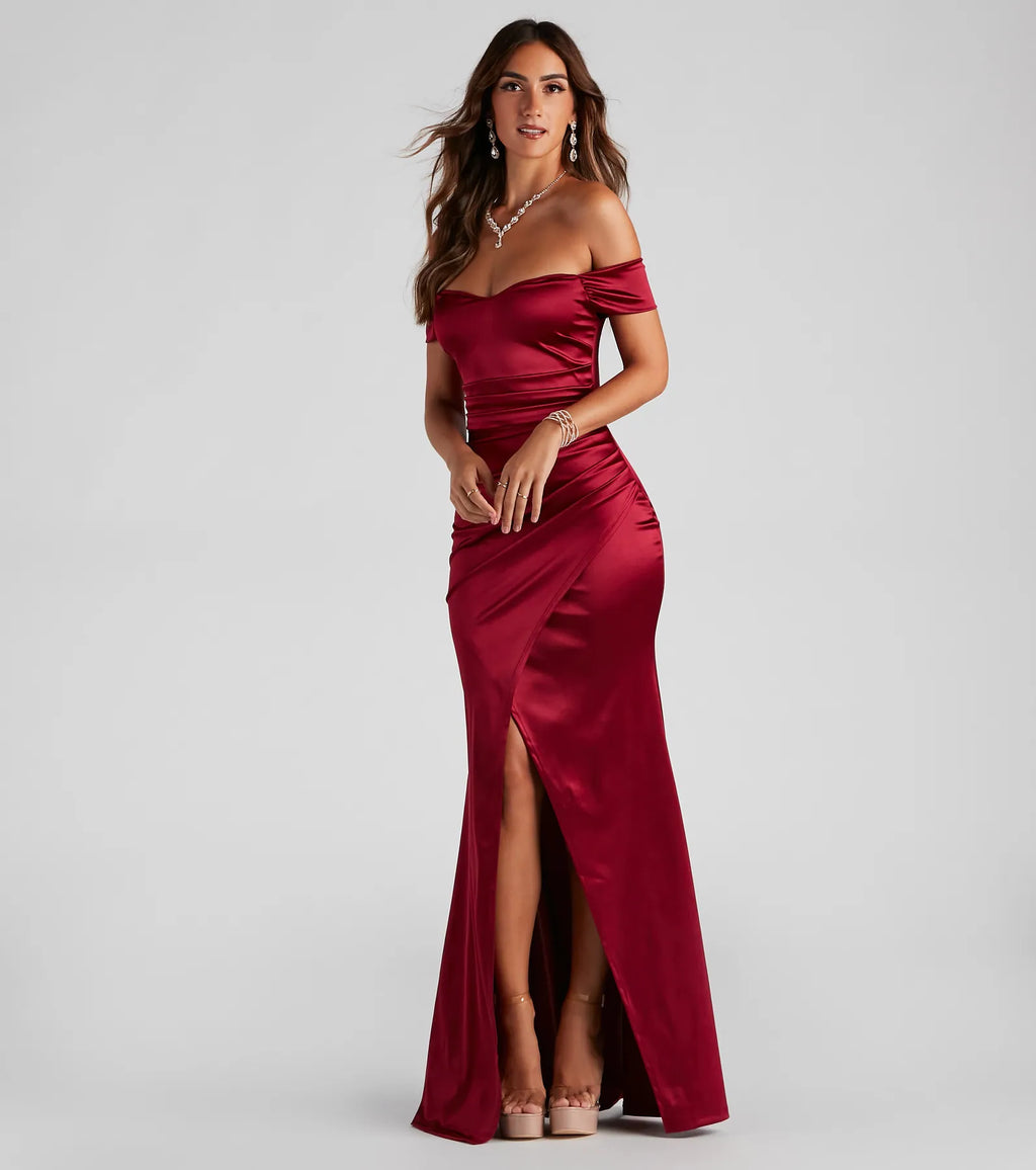 Valencia Off-The-Shoulder Formal Wrap Dress Ivory Emerald Navy Burgundy Rose