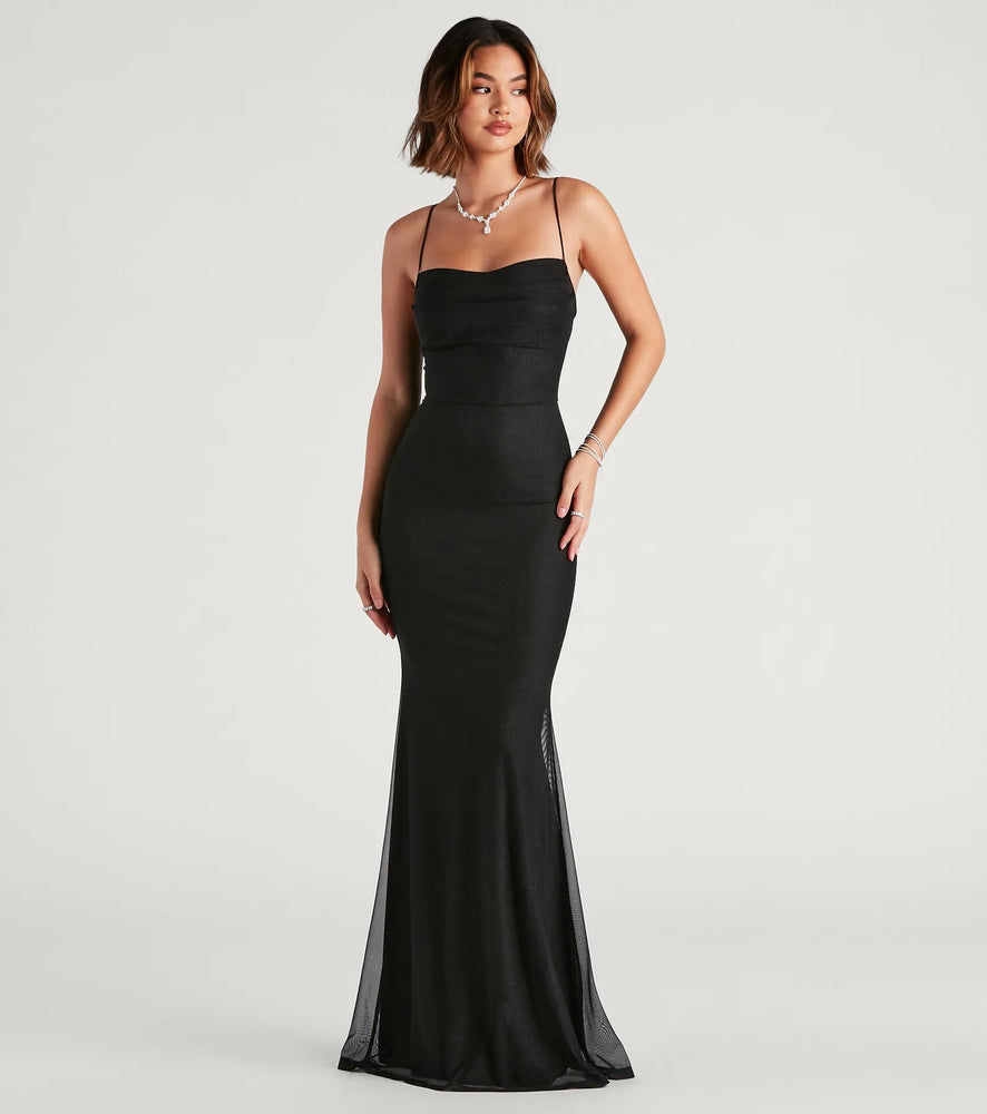 Addison Glitter Mesh Formal Dress in Black