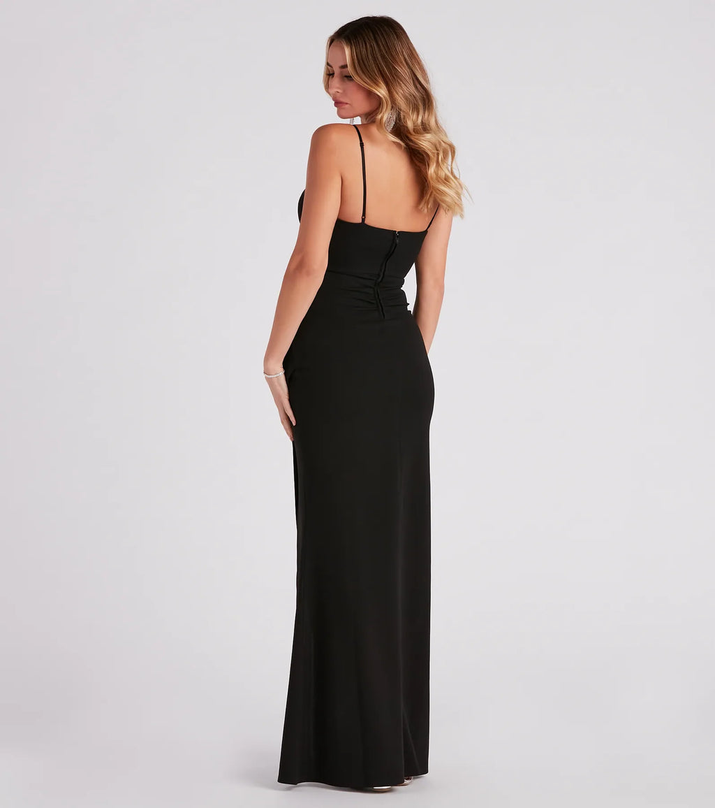 Skyler Crepe Formal A-Line Dress Hunter Blue Plum Black Red