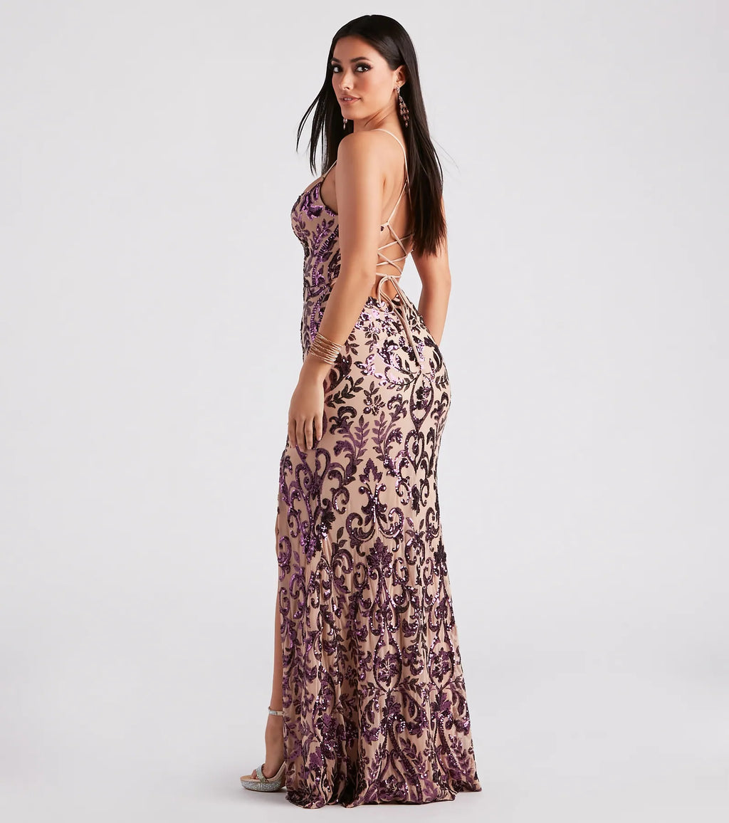 Lori Sequin Lace-up Formal Maxi Dress Plum Black