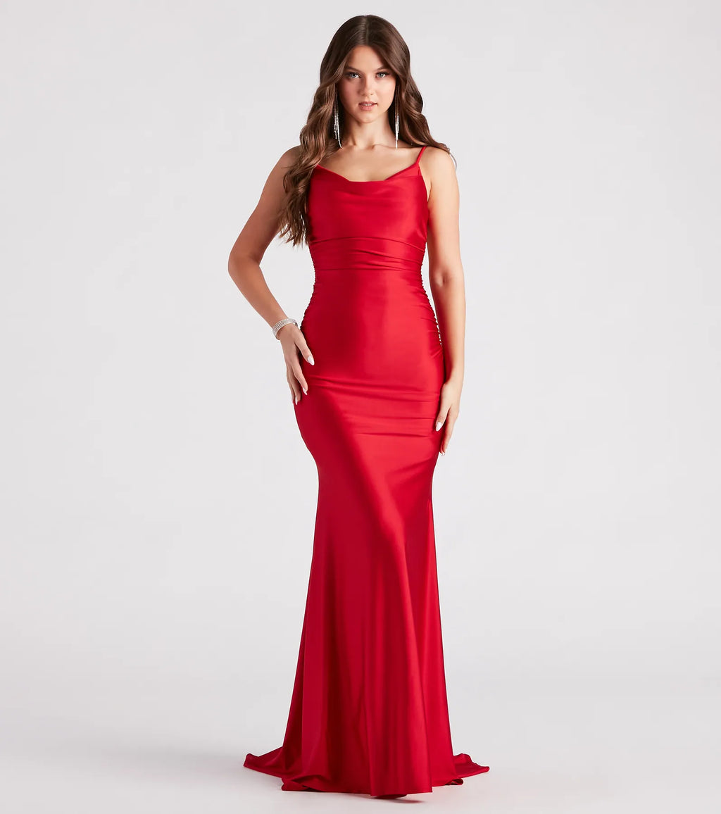 Reagan Low Back Satin Formal Mermaid Dress Plum Navy Red