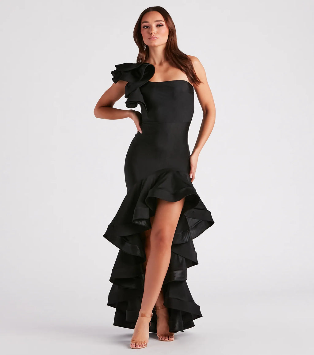 Audrey Off-The-Shoulder Ruffle Formal Dress Black