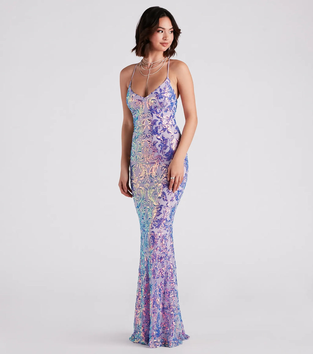 Taisia Sequin Scroll Formal Dress Lavender Hunter White Plum