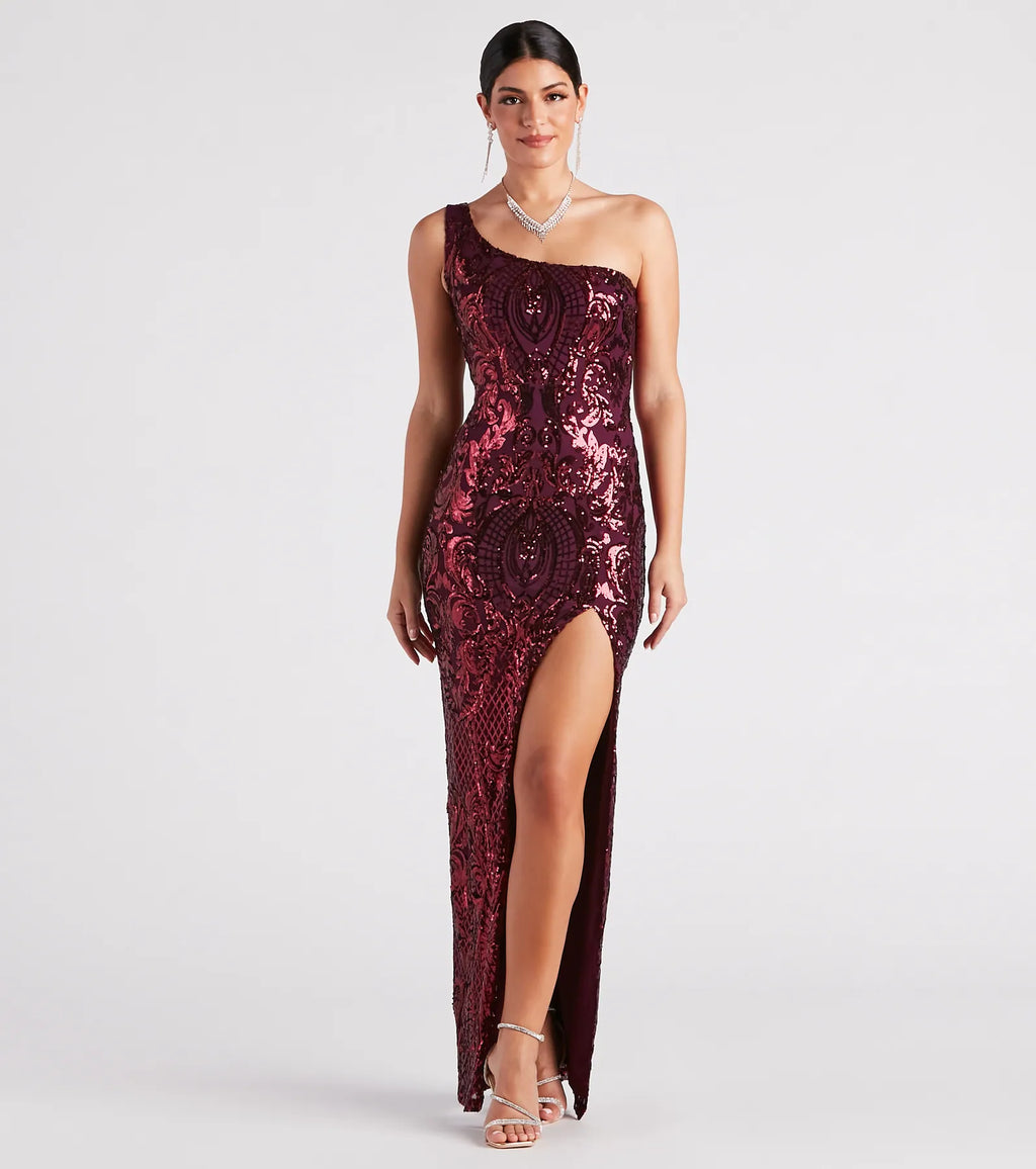Eris Sequined Scrollwork Formal Dress Navy Plum