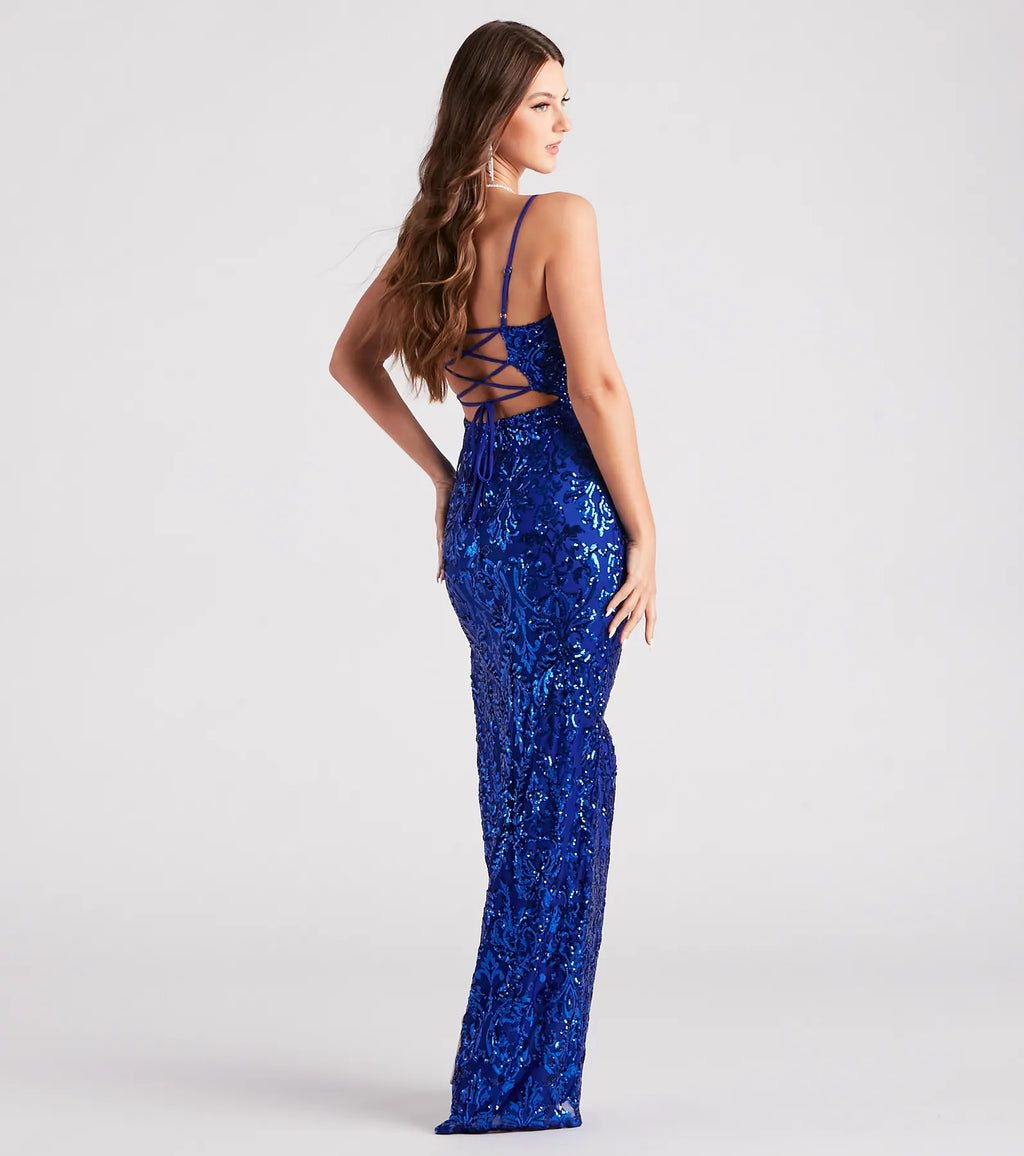 Samara High Slit Lace-up Sequin Formal Dress Royal