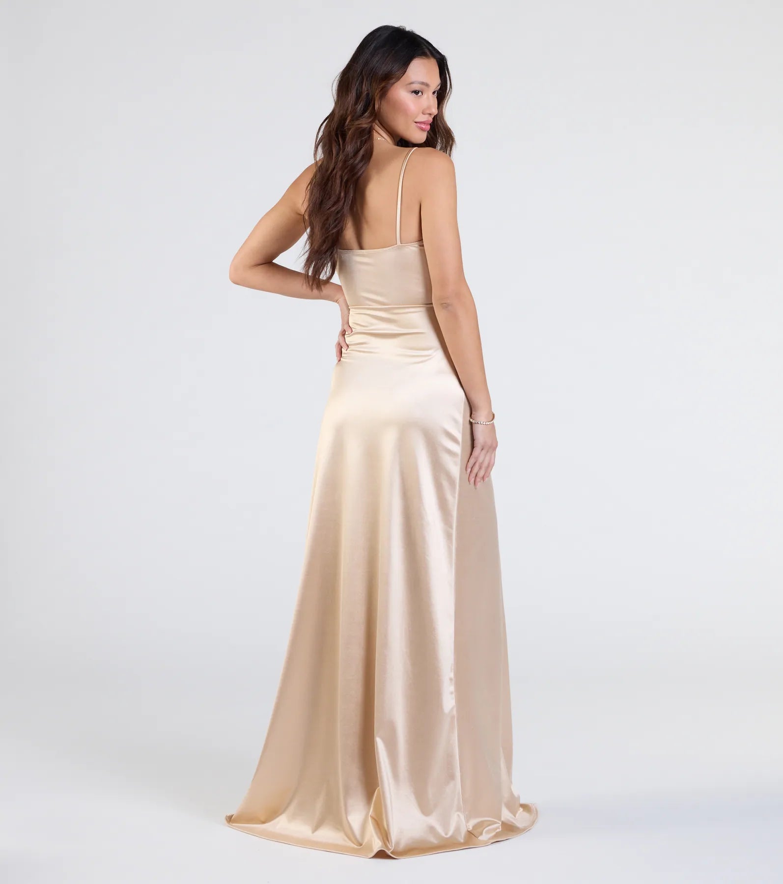 Windsor Maisy Cutout High Slit Satin Formal Dress in Gold