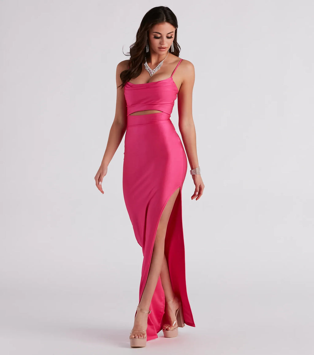 Celia Cutout Formal Maxi Dress Orange Lavender Brown Fuchsia Sage Eggplant Hunter