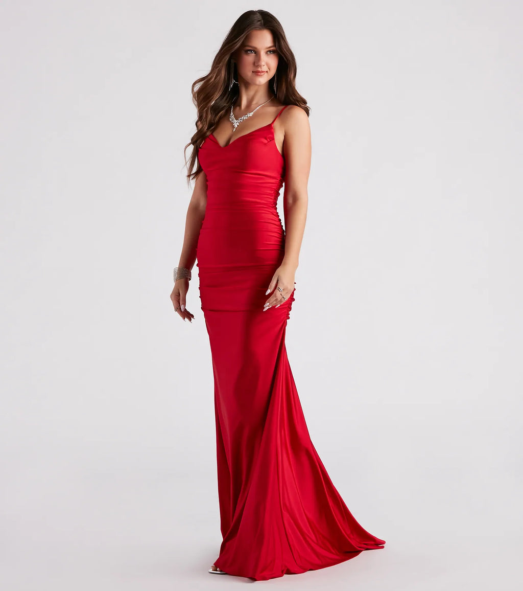 Jamie Cowl Neck Formal Mermaid Dress Oatmeal Red Blue Hunter Black Neon Pink Denim Mauve