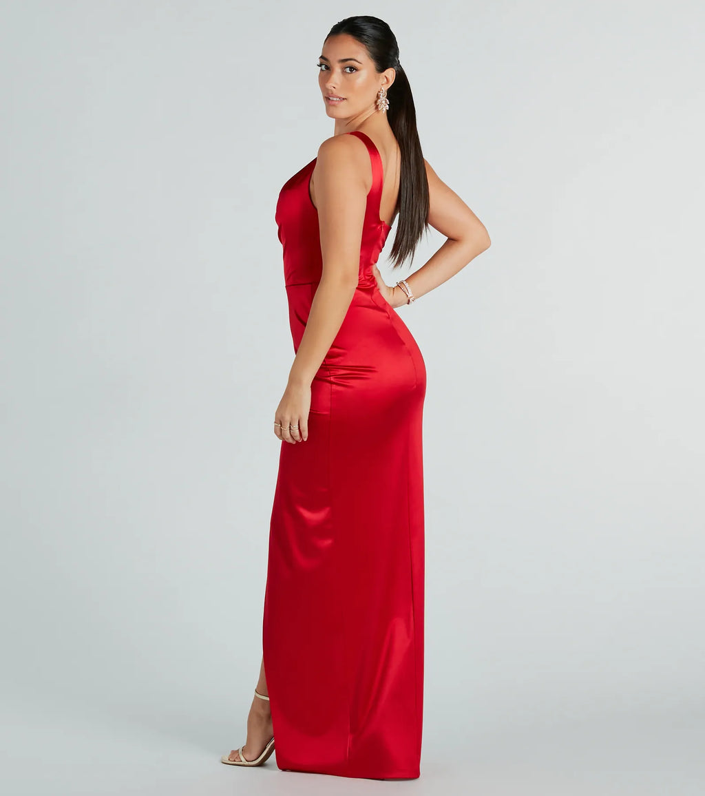 Isla asymmetric satin wrap dress Gold Red Rose Navy Sage