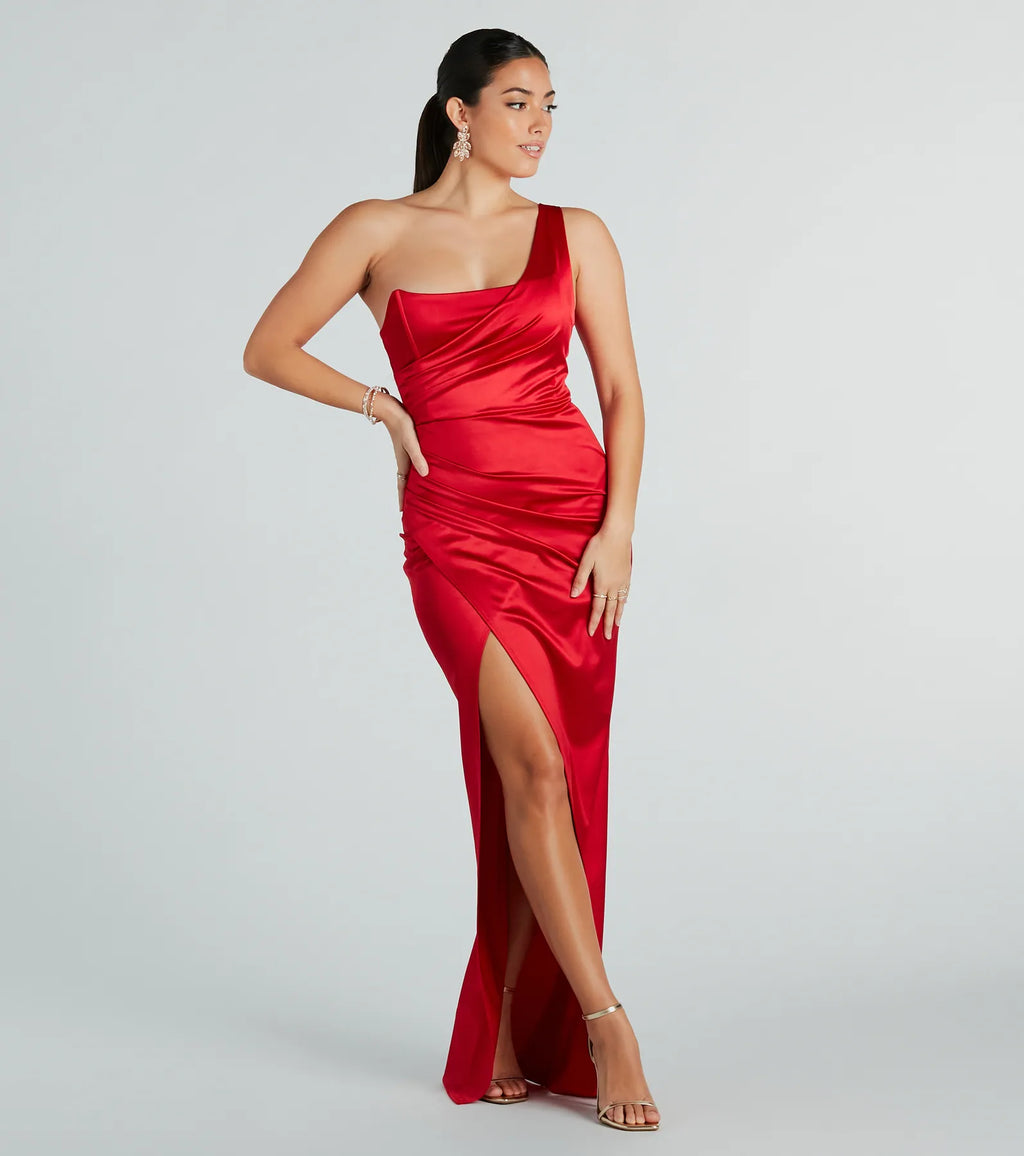Isla asymmetric satin wrap dress Gold Red Rose Navy Sage