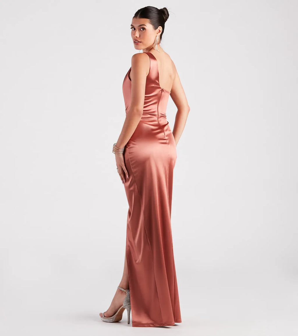Isla asymmetric satin wrap dress Gold Red Rose Navy Sage