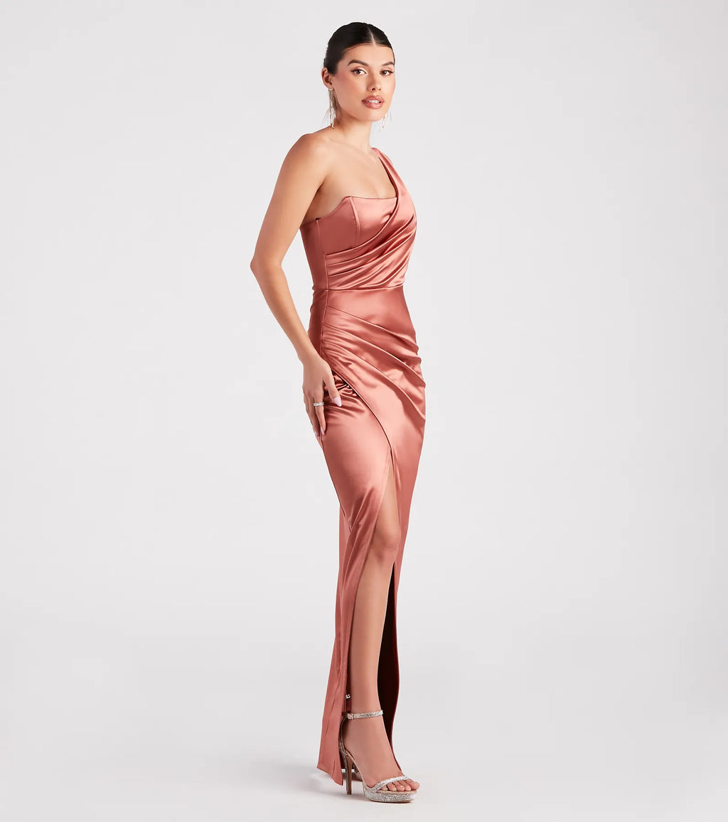 Isla asymmetric satin wrap dress Gold Red Rose Navy Sage