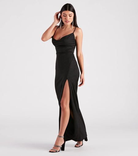 Shelly High Slit Glitter Knit Formal Dress Black Blue Red Sage Pink