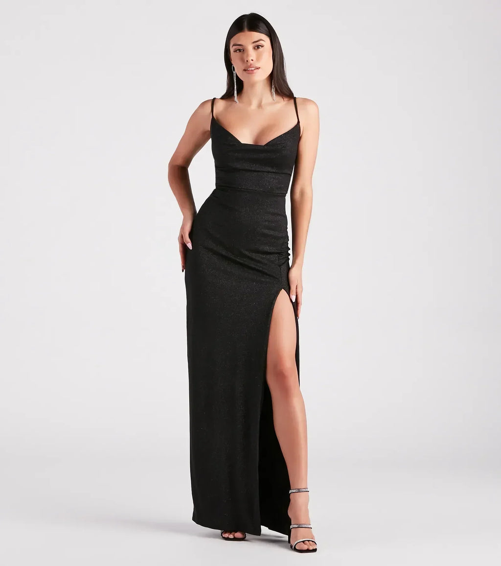 Shelly High Slit Glitter Knit Formal Dress Black Blue Red Sage Pink
