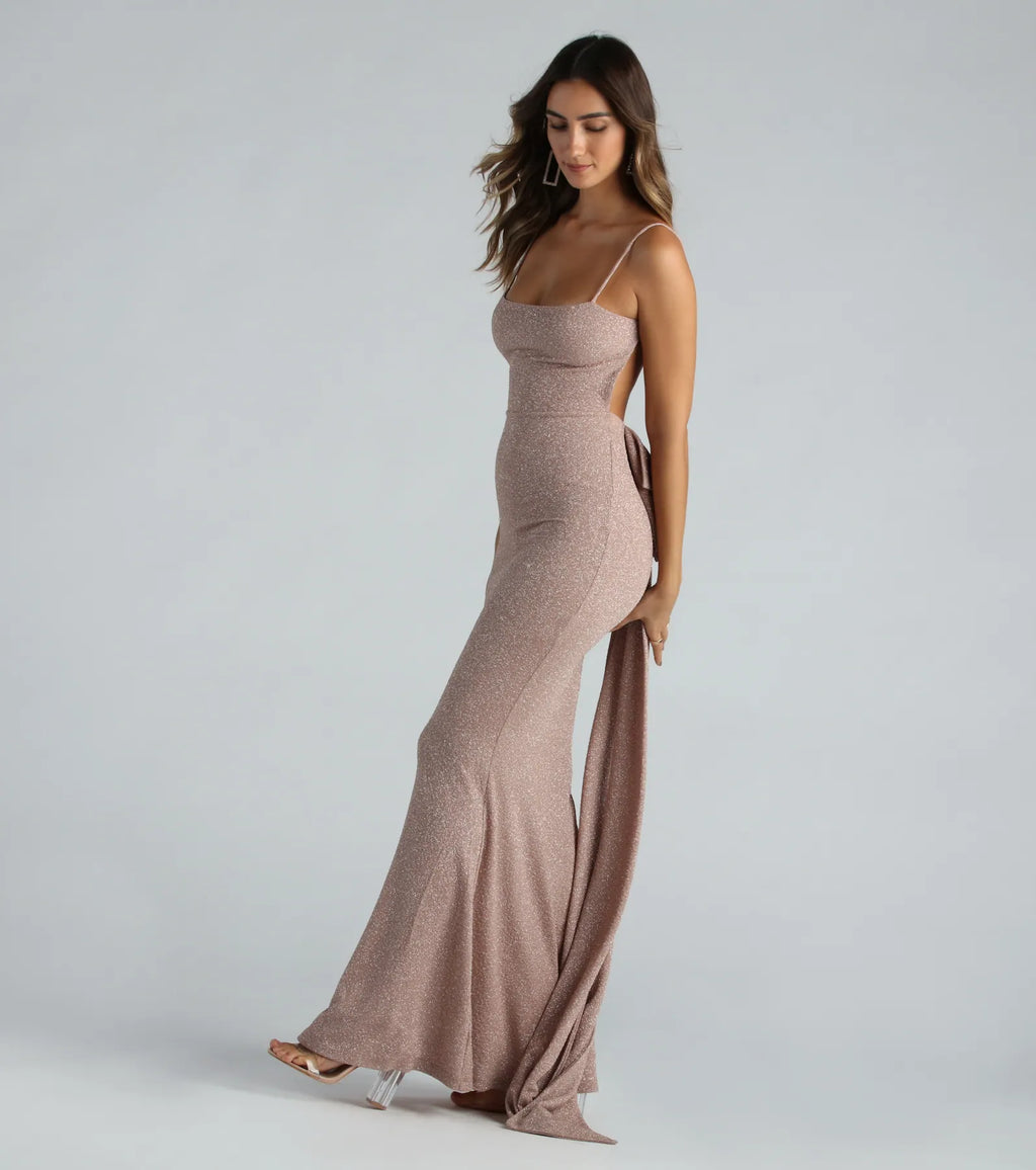 Gwendolyn Sequined Knit Mermaid Dress with Bow Back Black Mauve Light Blue Pink