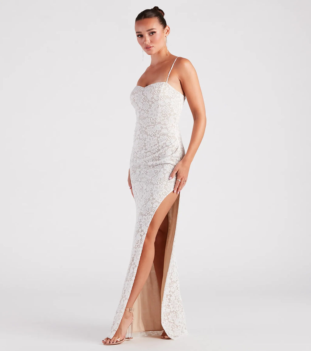 Daphné long slit lace dress White Black Black-2