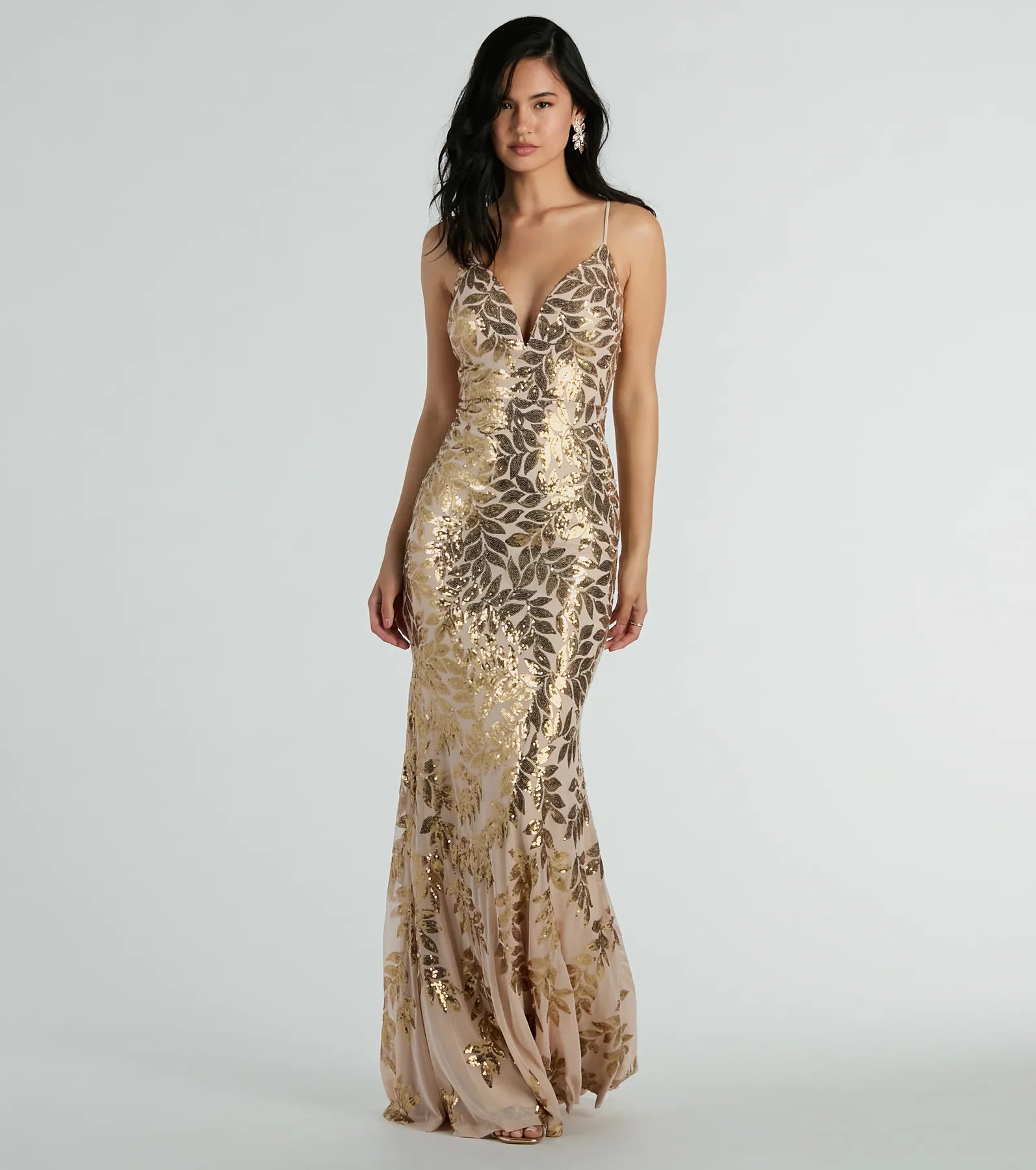 Floor Length Knit Stretchy Mesh Sequined General Print Plunging Neck Mermaid Spaghetti Strap Dress
