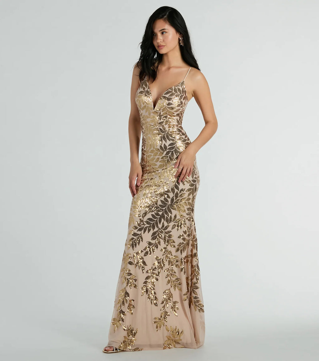 Brie Sequin Leaf Plunge Neck Formal Mermaid Dress Gold