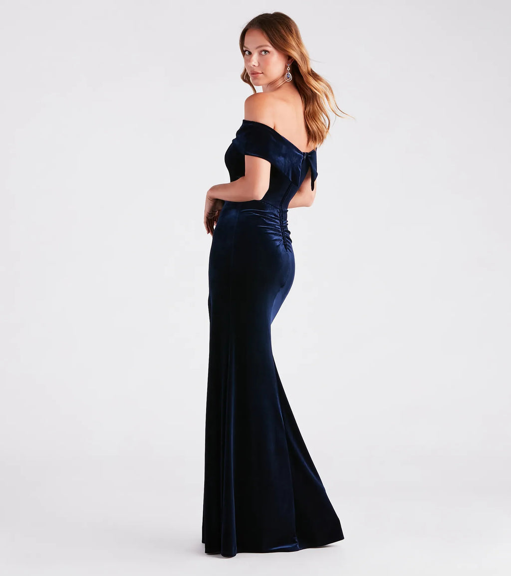 Jane Velvet Off-Shoulder Formal Dress Mauve Navy