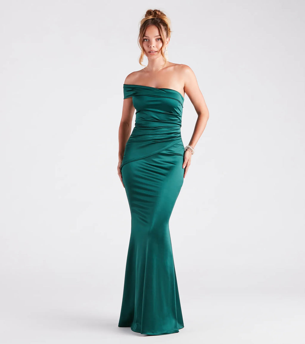 Zoey One-Shoulder Satin Formal Mermaid Dress Hunter Ivory Gold