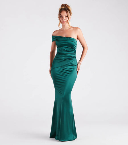 Zoey One-Shoulder Satin Formal Mermaid Dress Hunter Ivory Gold