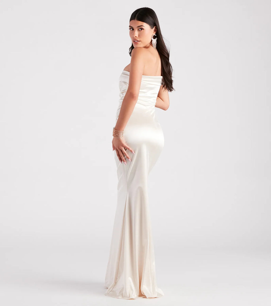 Zoey One-Shoulder Satin Formal Mermaid Dress Hunter Ivory Gold