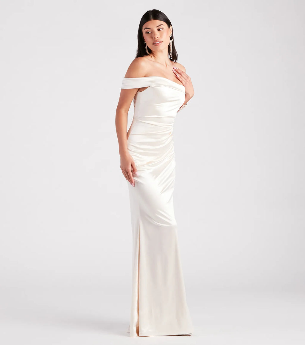 Zoey One-Shoulder Satin Formal Mermaid Dress Hunter Ivory Gold