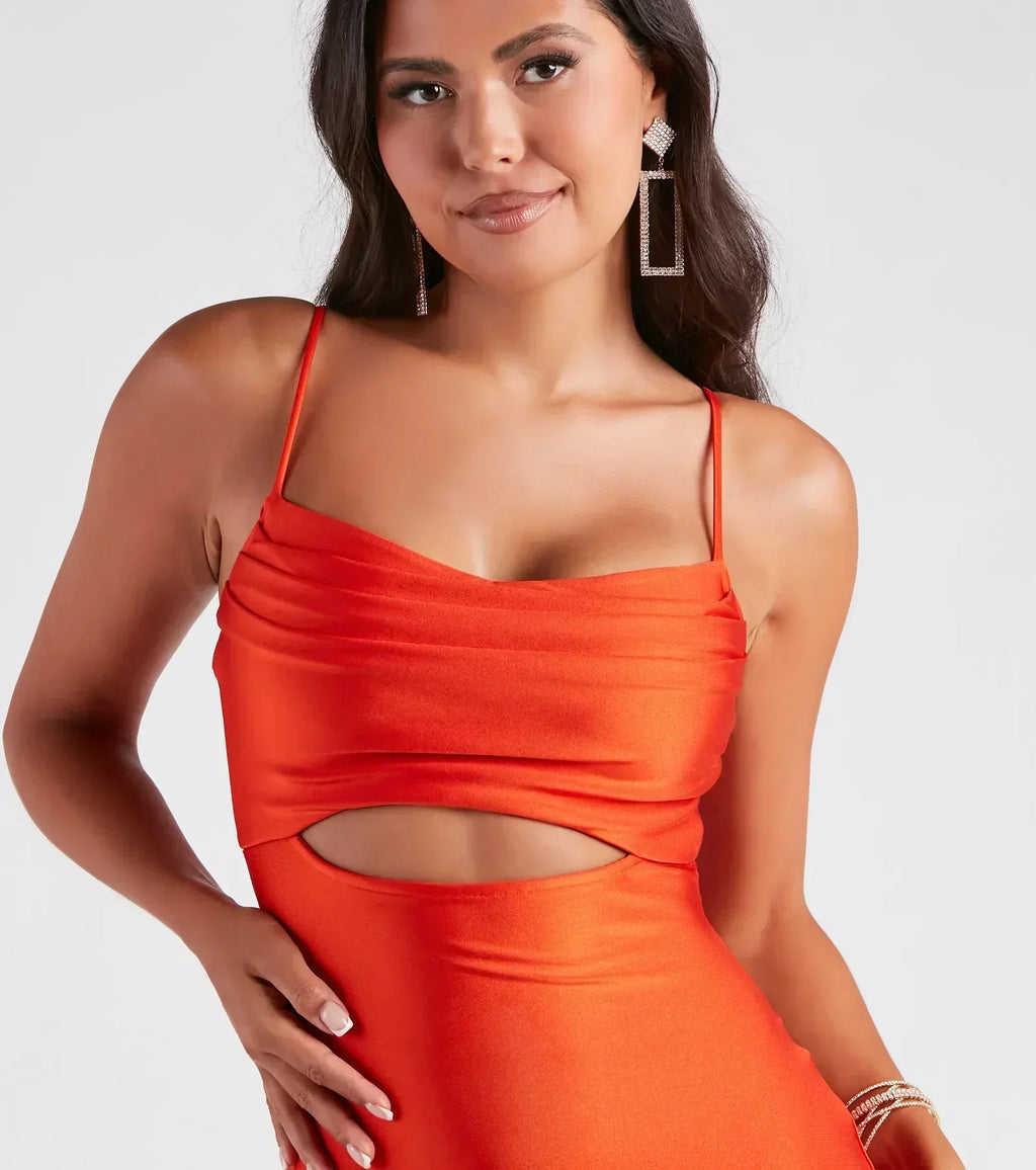 Celia Cutout Formal Maxi Dress Orange Lavender Brown Fuchsia Sage Eggplant Hunter
