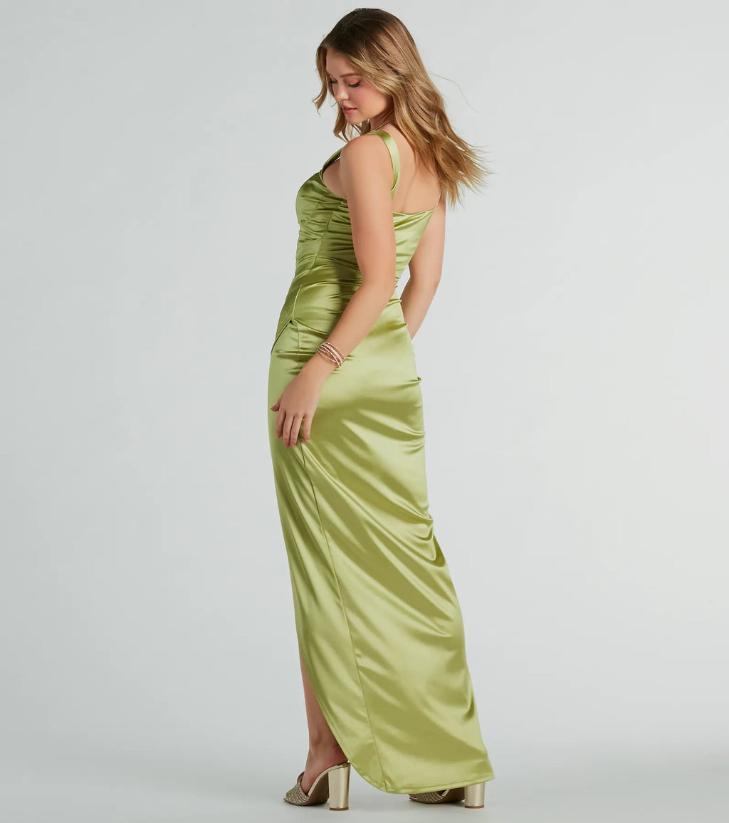 Rebecca satin fitted formal dress Fuchsia Sage Pink Royal Black Gold Denim Sage-2