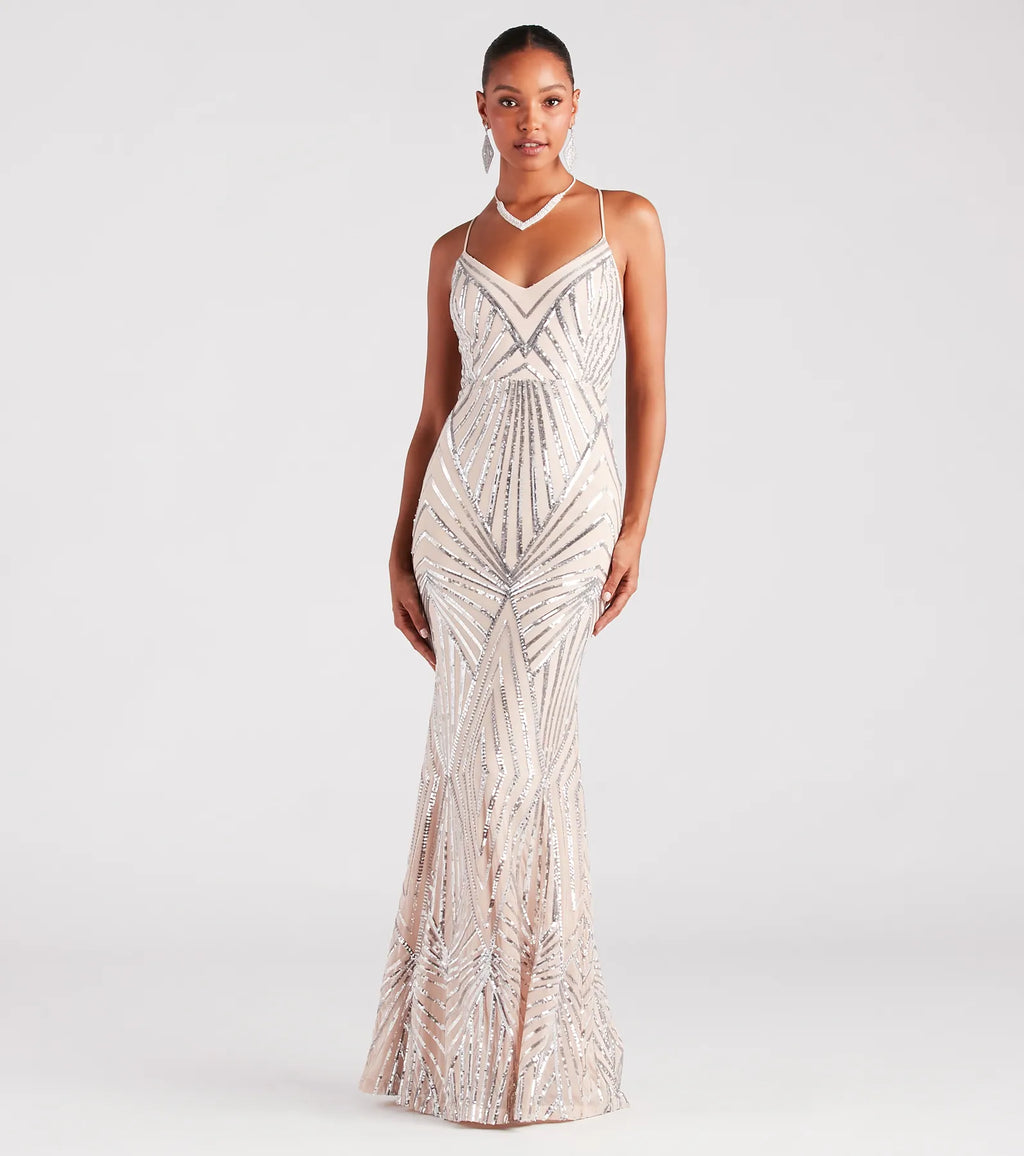 Angelina Sequin Lace-up Formal Mermaid Dress Silver
