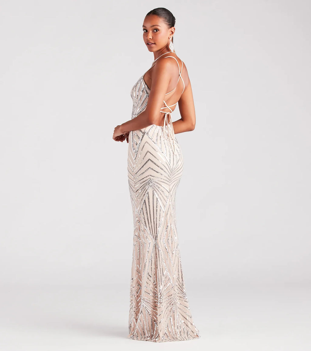 Angelina Sequin Lace-up Formal Mermaid Dress Silver