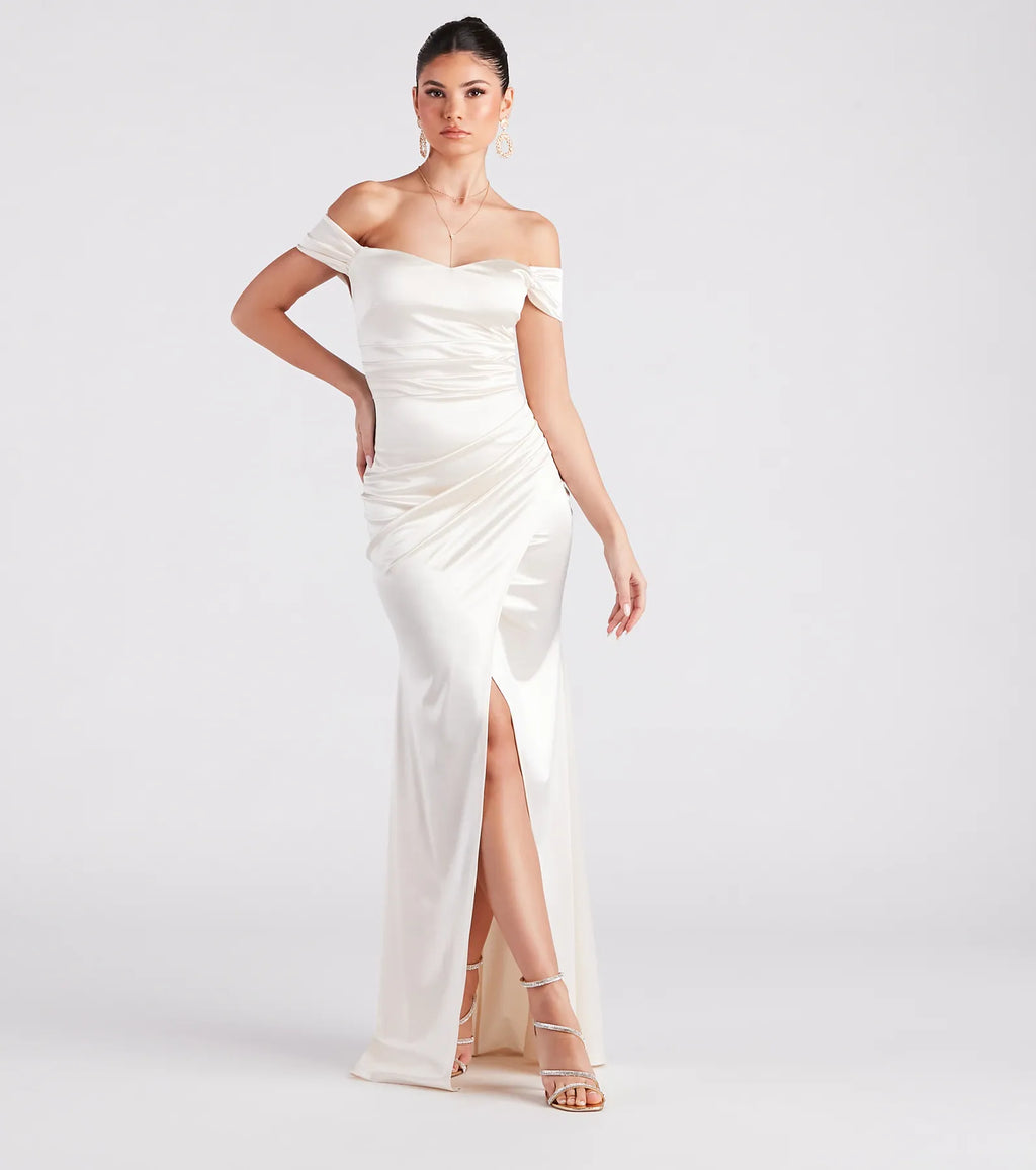 Valencia Off-The-Shoulder Formal Wrap Dress Ivory Emerald Navy Burgundy Rose