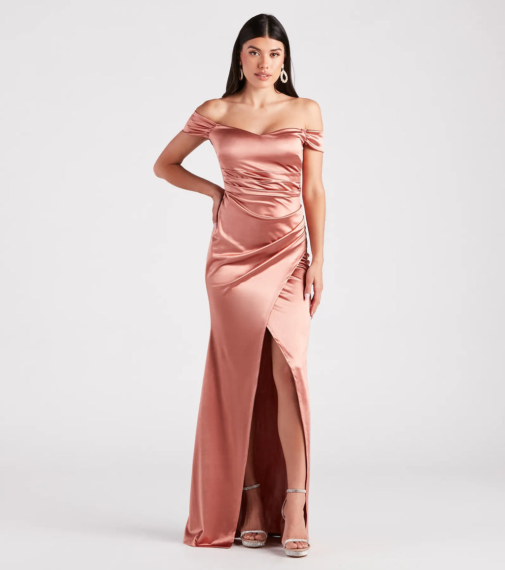 Valencia Off-The-Shoulder Formal Wrap Dress Ivory Emerald Navy Burgundy Rose