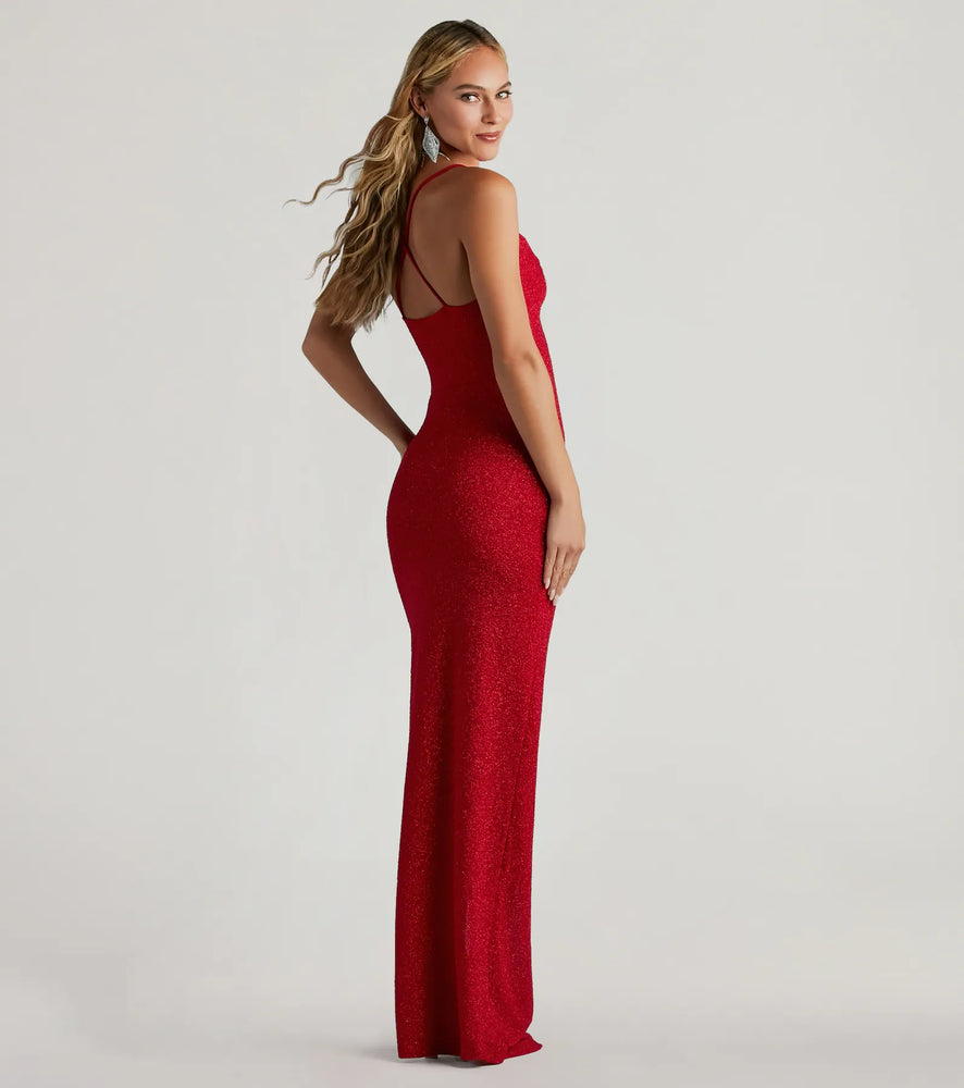 Windsor Amirah Formal Glitter Cowl Neck Column Dress in Red