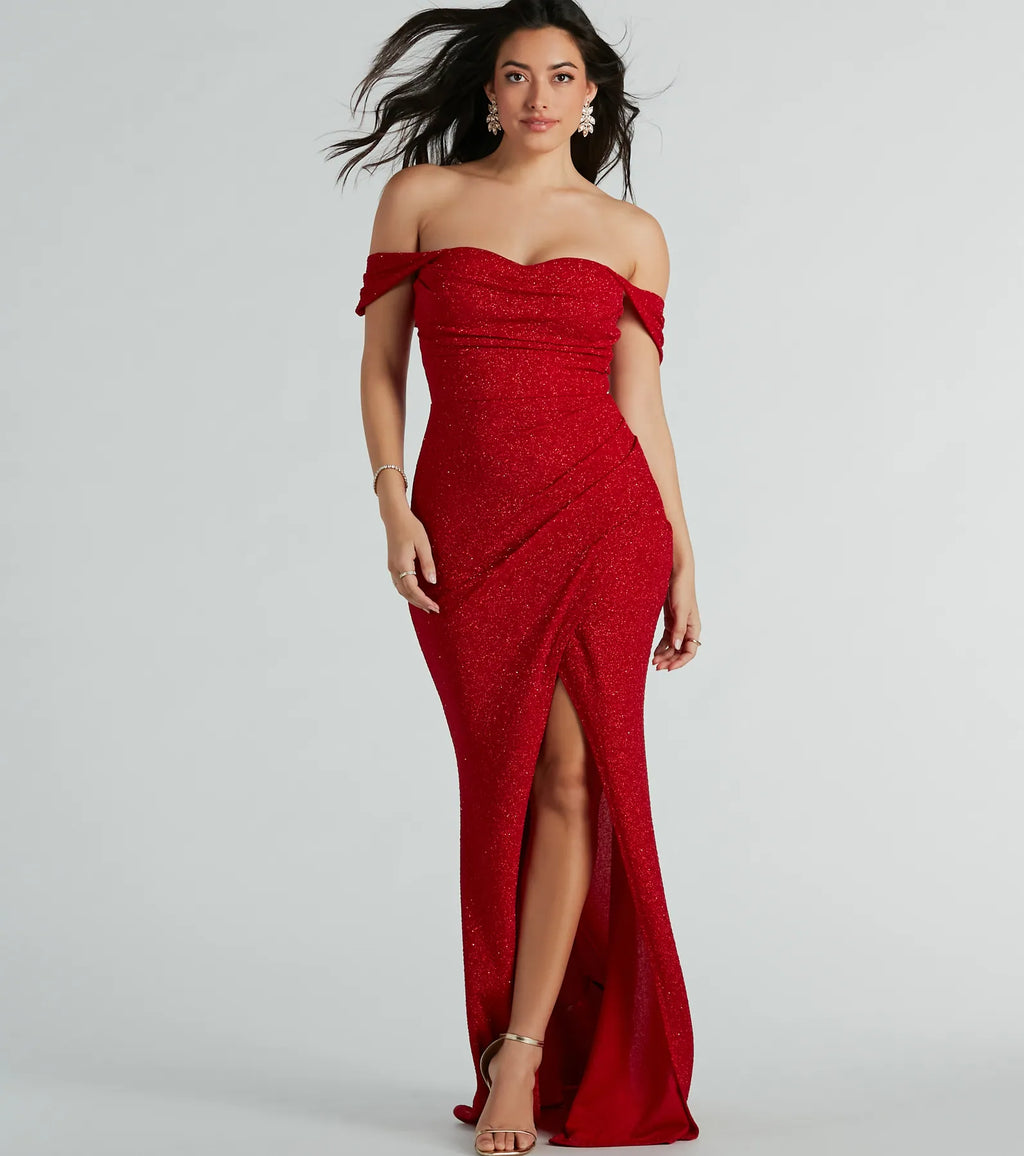 Airlie Sequined Off-Shoulder Formal Dress Hunter Red Black