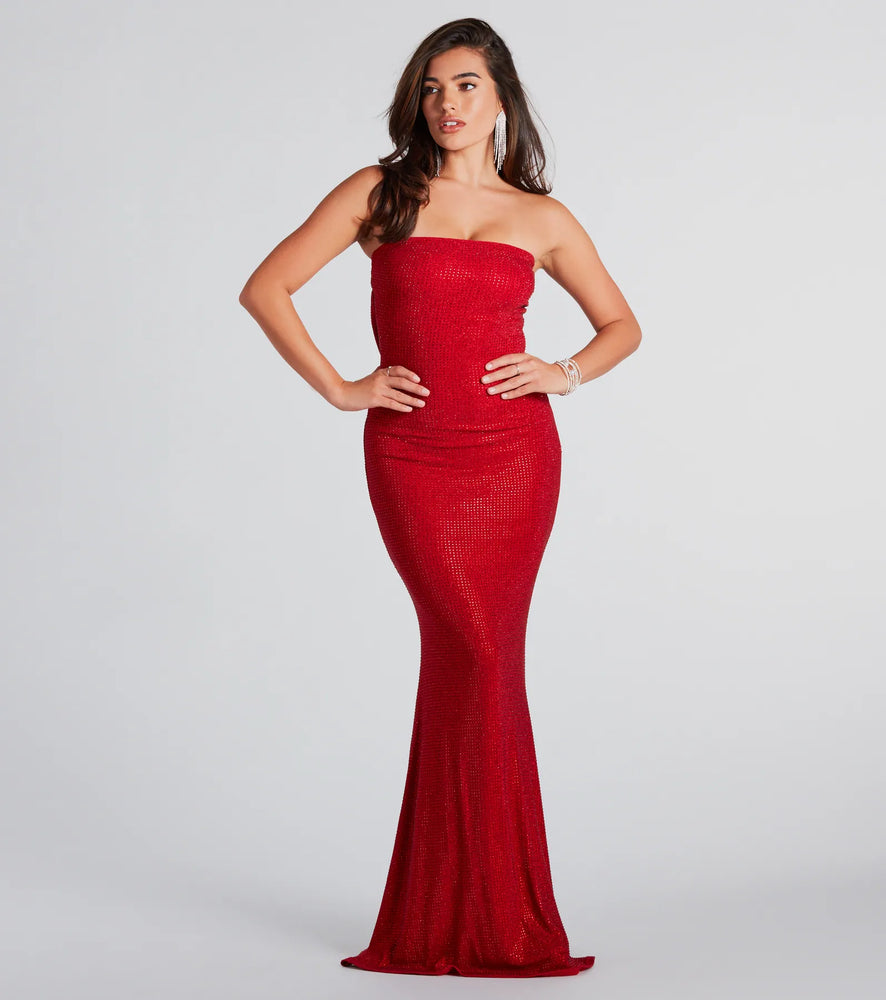 Windsor Ana Formal Rhinestone Cowl Back Long Dress in Red