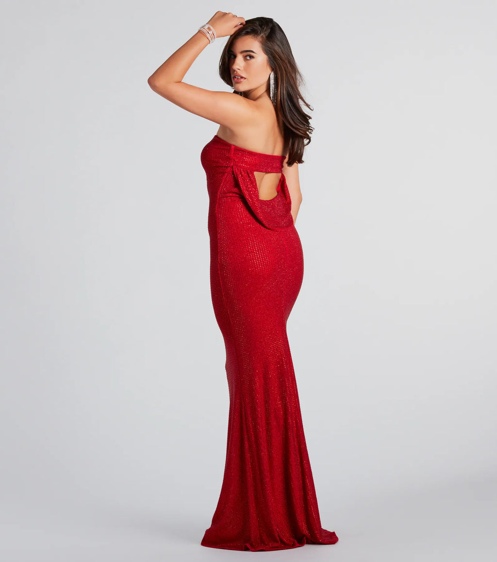Ana long formal dress with rhinestone cowl back Black Red