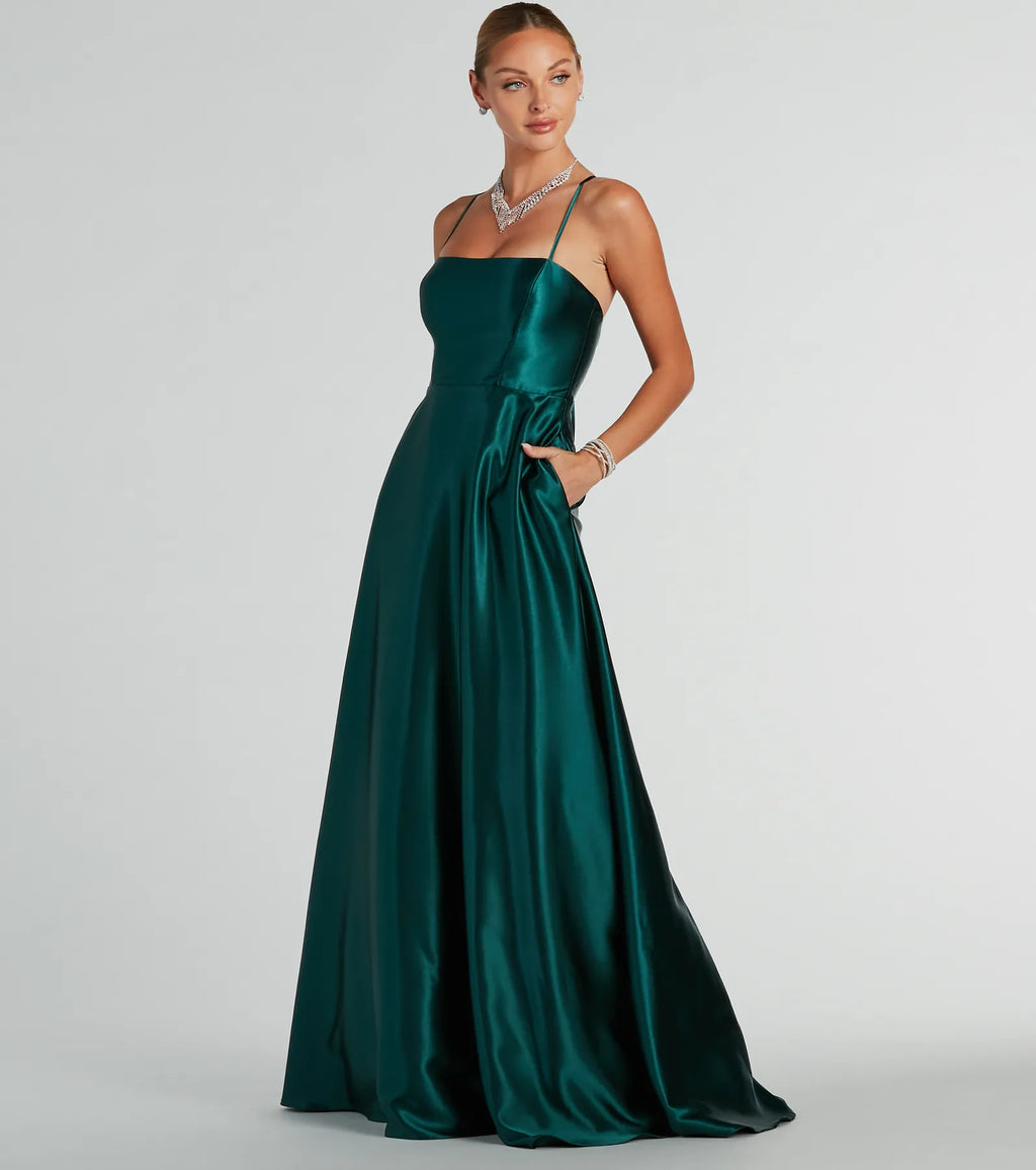 Tabitha lace-up satin trapeze formal dress Hunter Navy