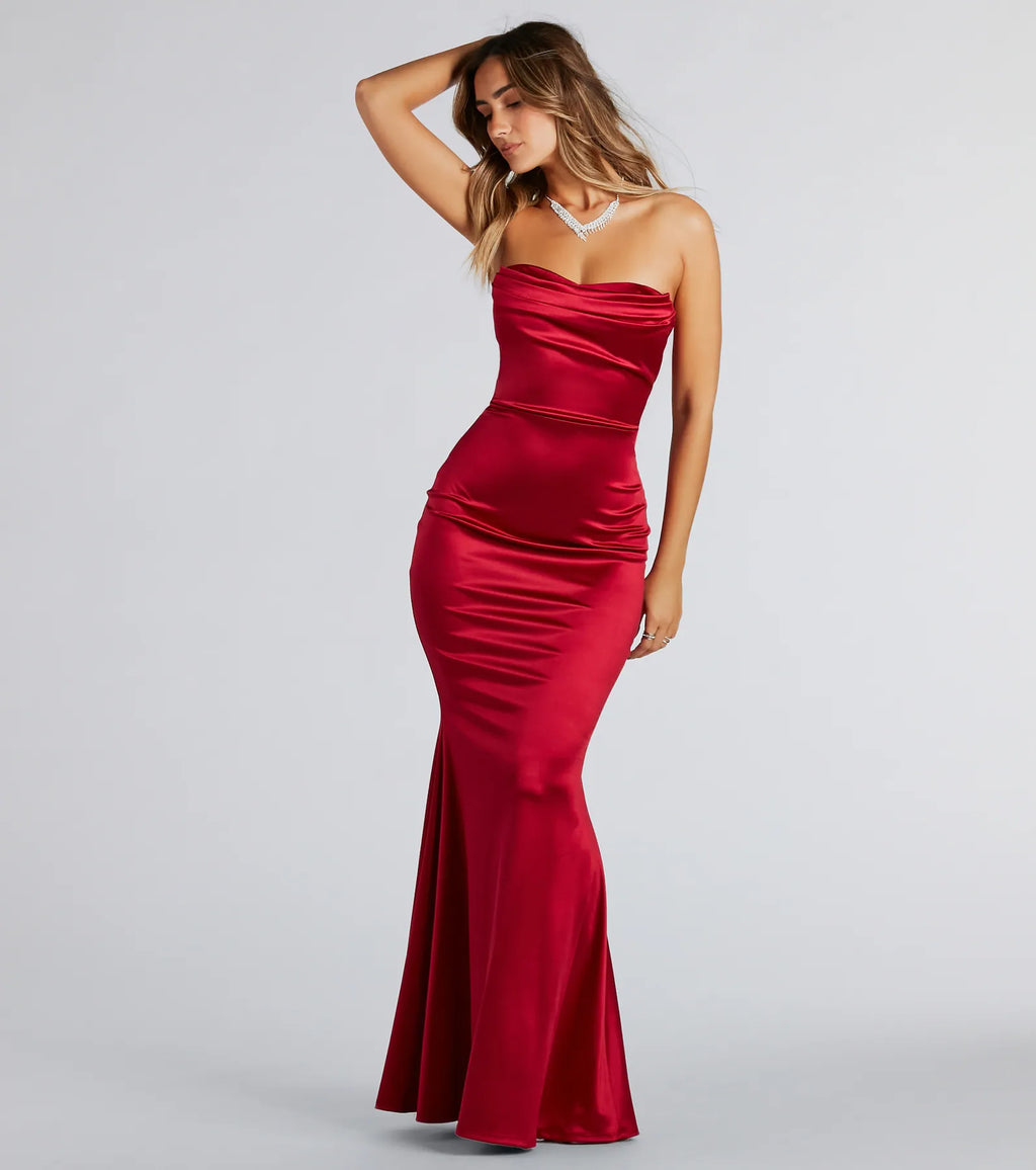 Priscilla Formal Satin Strapless Mermaid Dress Sage Navy Red Brown Black