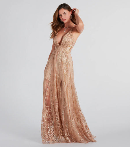 Caitlyn Sequined Sequined Tulle Formal A-Line Dress Rose Gold