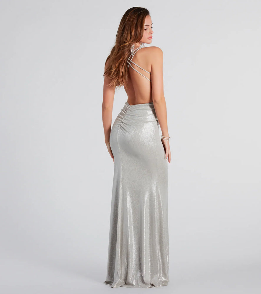 Kate Formal Metallic Open Back Mermaid Dress in Silver