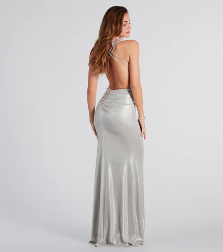 Kate Backless Metallic Formal Mermaid Dress Silver
