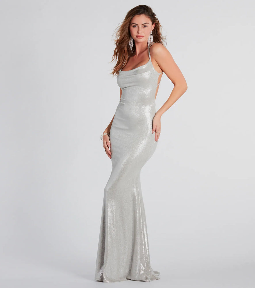 Kate Formal Metallic Open Back Mermaid Dress in Silver