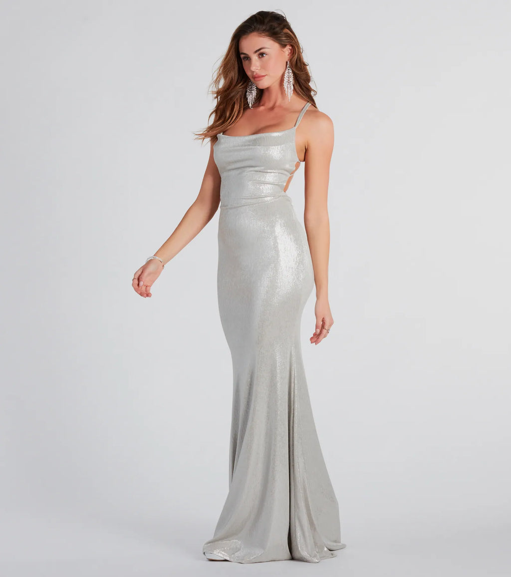 Kate Backless Metallic Formal Mermaid Dress Silver